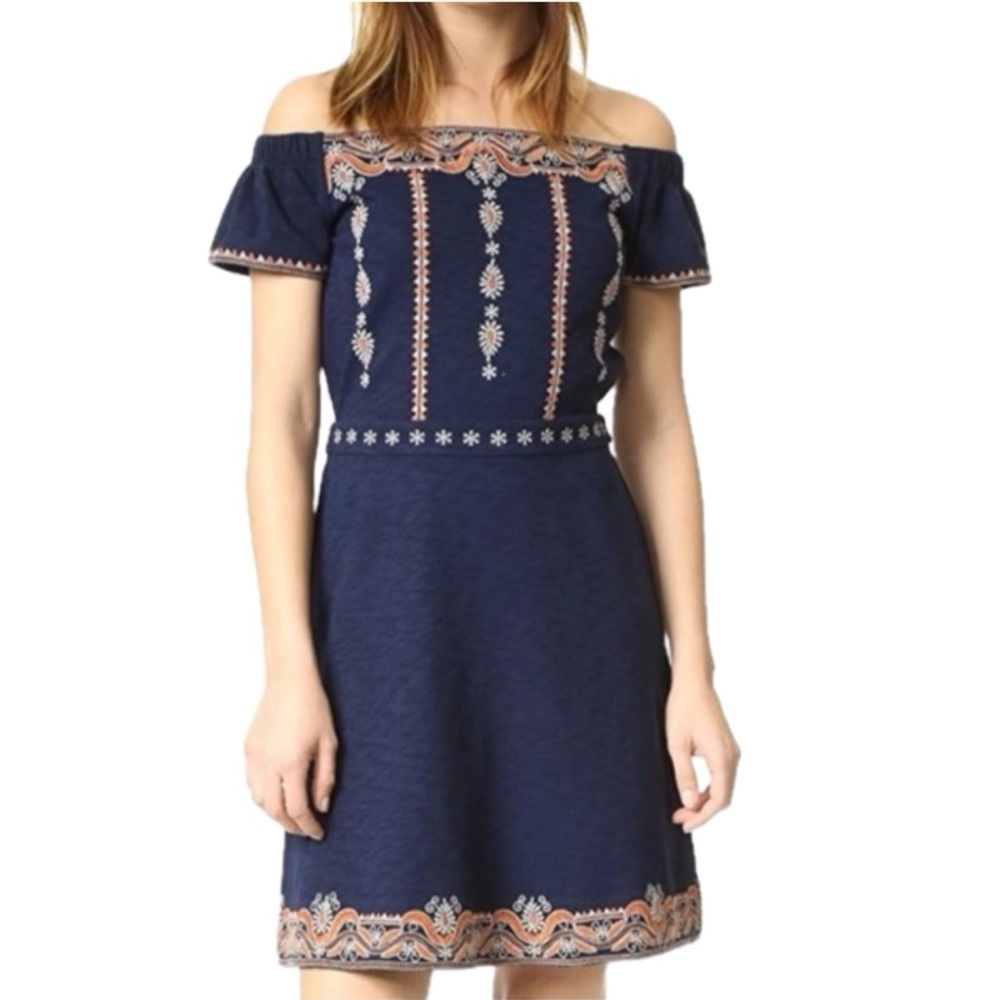 Tory Burch Nell Navy Boho Embroidered Off The Shoulder Square Neck Dress Sz SP